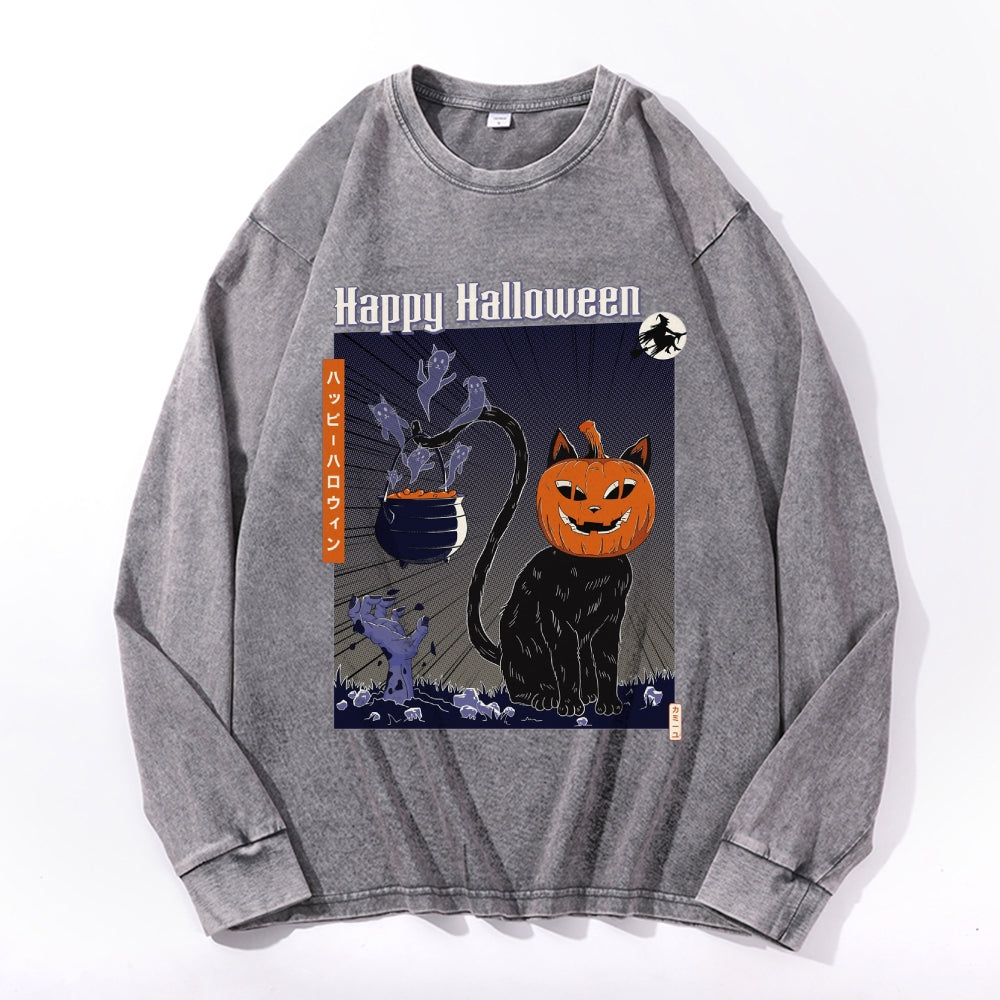 Pumpkin Head Black Cat Vintage Cotton Wash Crewneck Long-Sleeve T-Shirt
