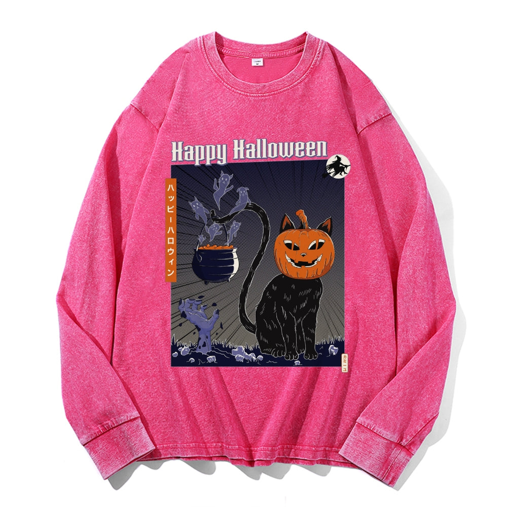 Pumpkin Head Black Cat Vintage Cotton Wash Crewneck Long-Sleeve T-Shirt