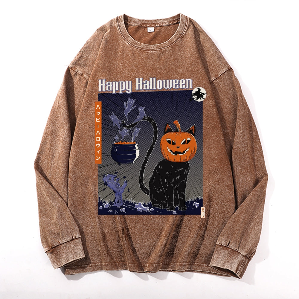 Pumpkin Head Black Cat Vintage Cotton Wash Crewneck Long-Sleeve T-Shirt