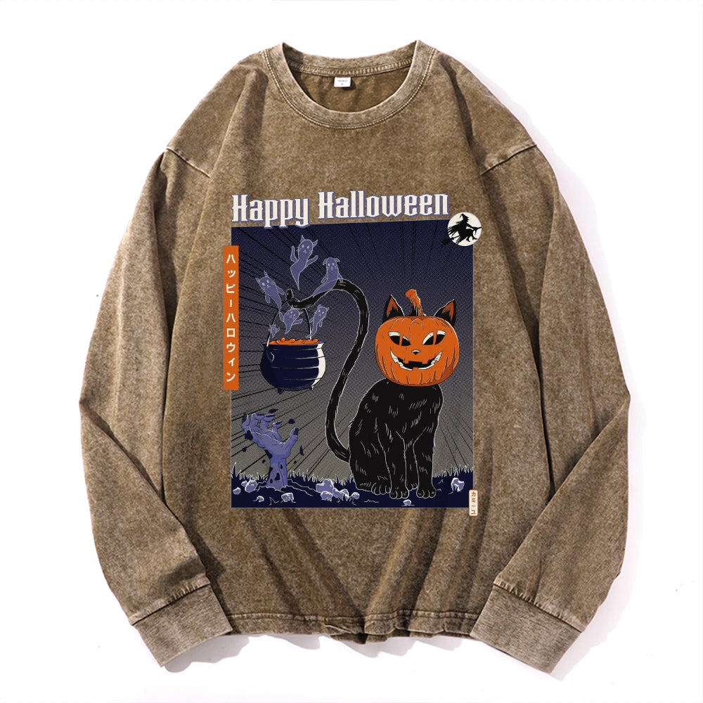 Pumpkin Head Black Cat Vintage Cotton Wash Crewneck Long-Sleeve T-Shirt