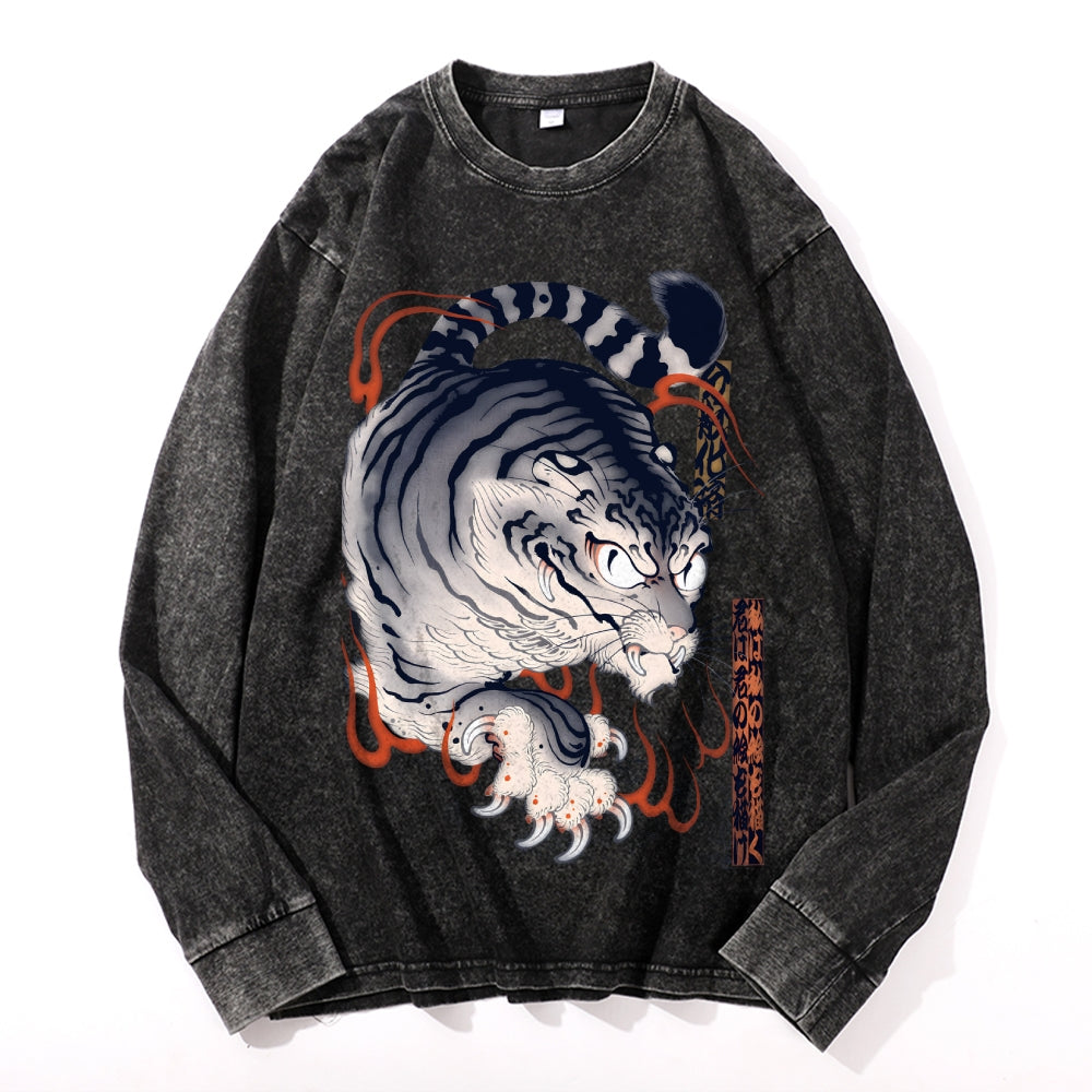 Japanese Tiger Vintage Cotton Wash Crewneck Long-Sleeve T-Shirt