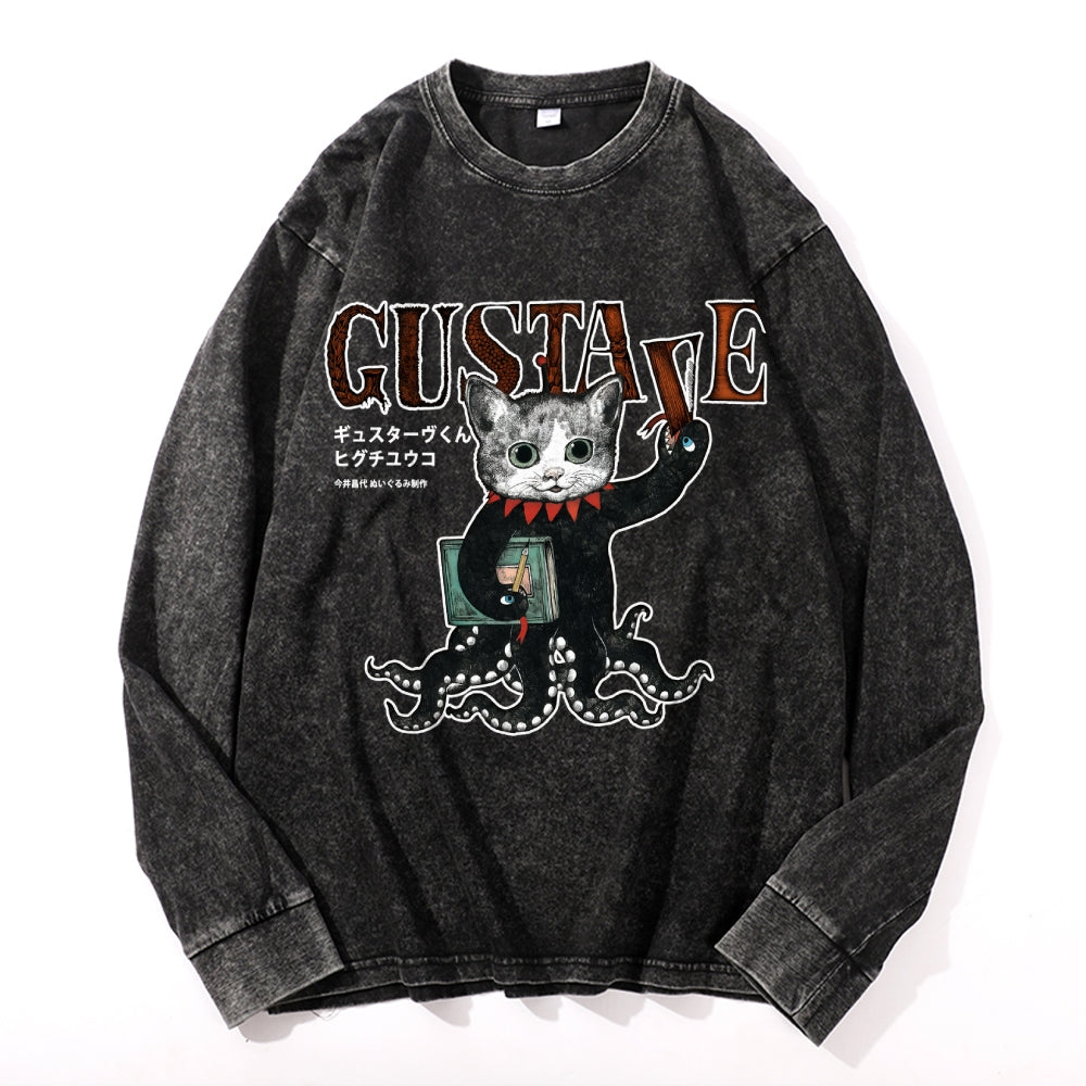 Octopus Black Cat Vintage Cotton Wash Crewneck Long-Sleeve T-Shirt