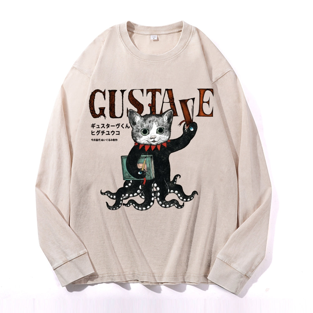 Octopus Black Cat Vintage Cotton Wash Crewneck Long-Sleeve T-Shirt