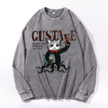 Octopus Black Cat Vintage Cotton Wash Crewneck Long-Sleeve T-Shirt