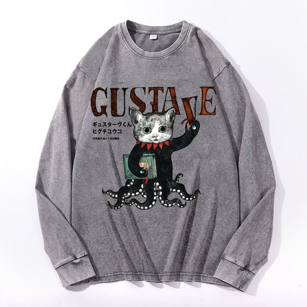 Octopus Black Cat Vintage Cotton Wash Crewneck Long-Sleeve T-Shirt