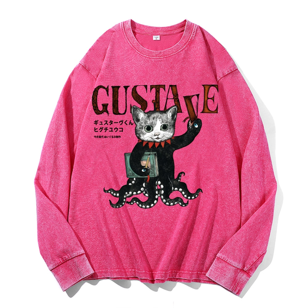 Octopus Black Cat Vintage Cotton Wash Crewneck Long-Sleeve T-Shirt
