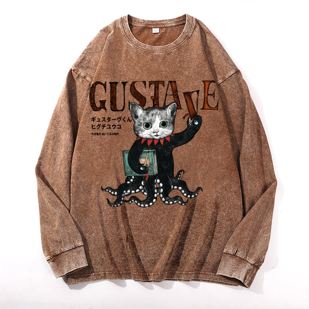 Octopus Black Cat Vintage Cotton Wash Crewneck Long-Sleeve T-Shirt