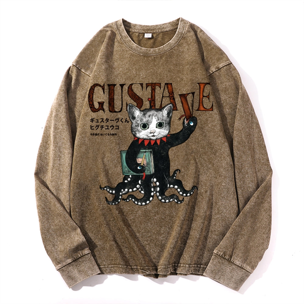 Octopus Black Cat Vintage Cotton Wash Crewneck Long-Sleeve T-Shirt