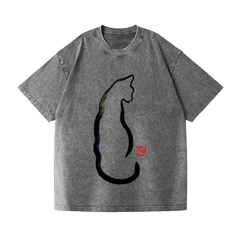 Line Cat Vintage Wash Japanese Design T-Shirt
