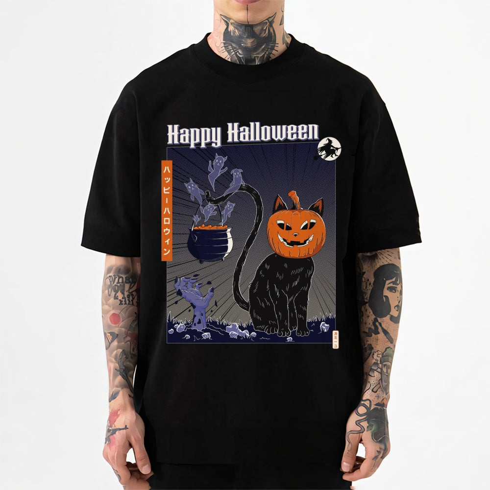 Pumpkin Head Black Cat Japanese Style Classic Tee