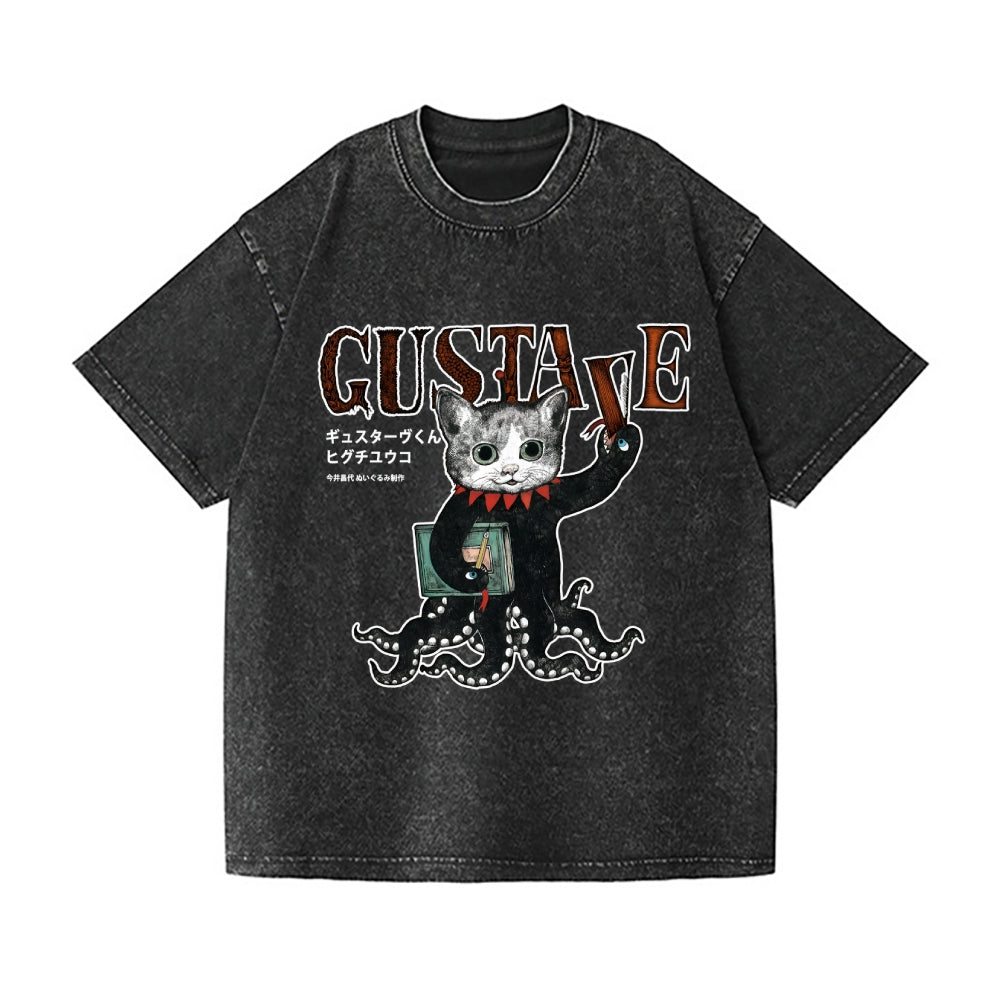 Octopus Black Cat Vintage Wash Japanese Design T-Shirt