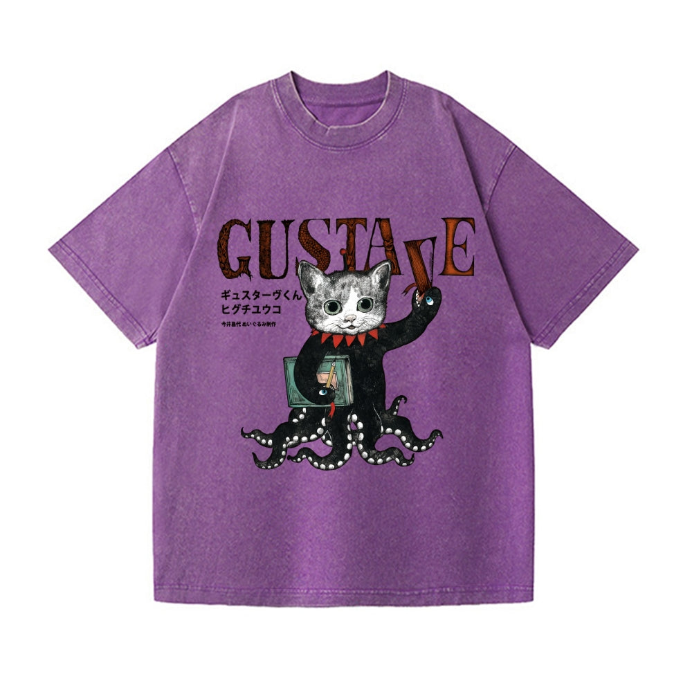 Octopus Black Cat Vintage Wash Japanese Design T-Shirt