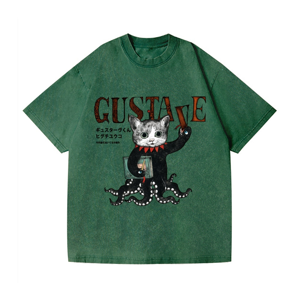 Octopus Black Cat Vintage Wash Japanese Design T-Shirt