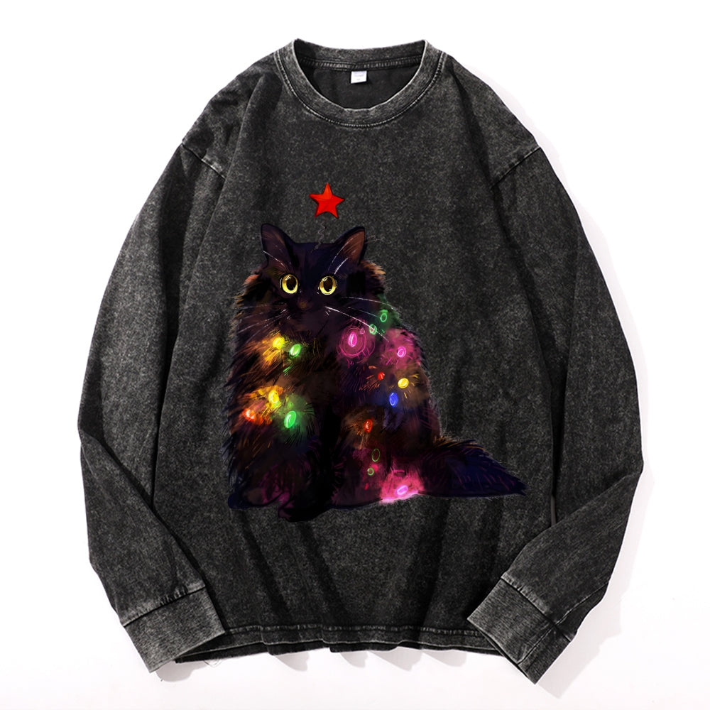 Christmas Lights Cat Vintage Cotton Wash Crewneck Long-Sleeve T-Shirt