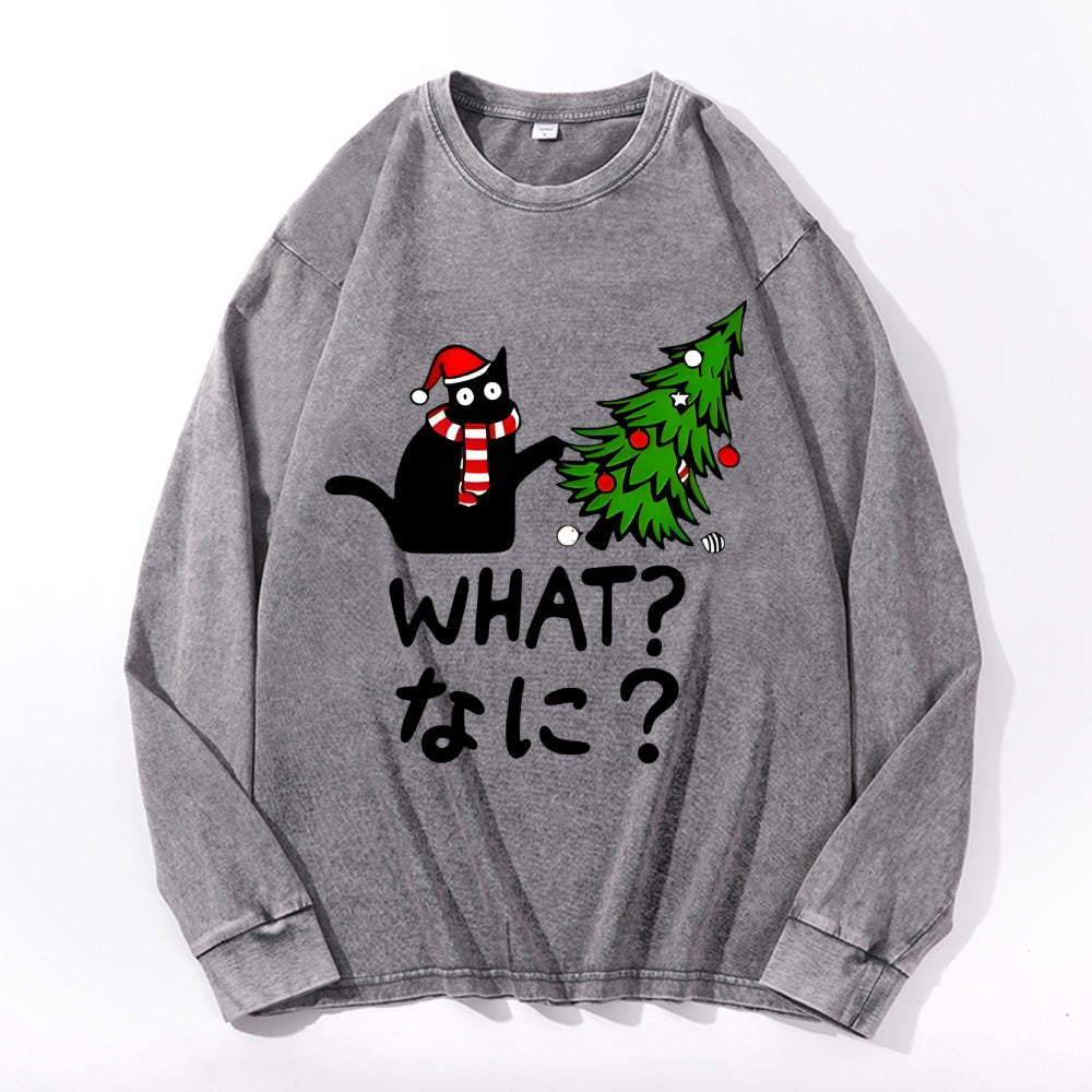 Christmas Naughty Cat Vintage Cotton Wash Crewneck Long-Sleeve T-Shirt