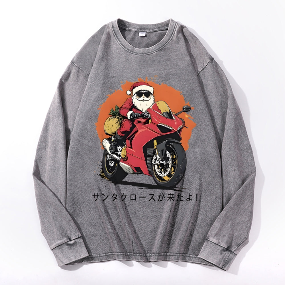 Motorcycle Christmas Vintage Cotton Wash Crewneck Long-Sleeve T-Shirt