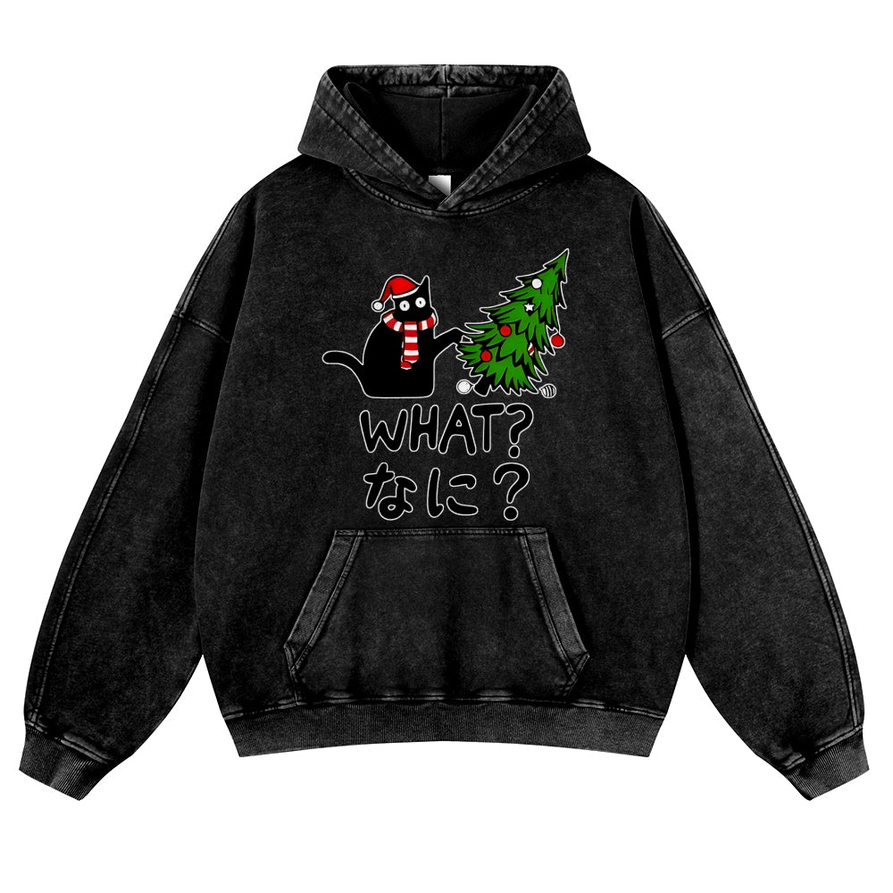 Christmas Naughty Cat Vintage Washed Thick Cotton Hoodie