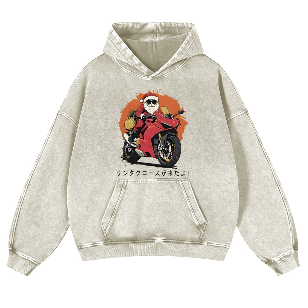 Motorcycle Christmas Vintage Washed Thick Cotton Hoodie