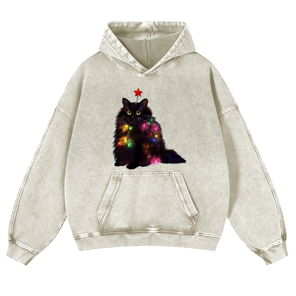Christmas Lights Cat Vintage Washed Thick Cotton Hoodie