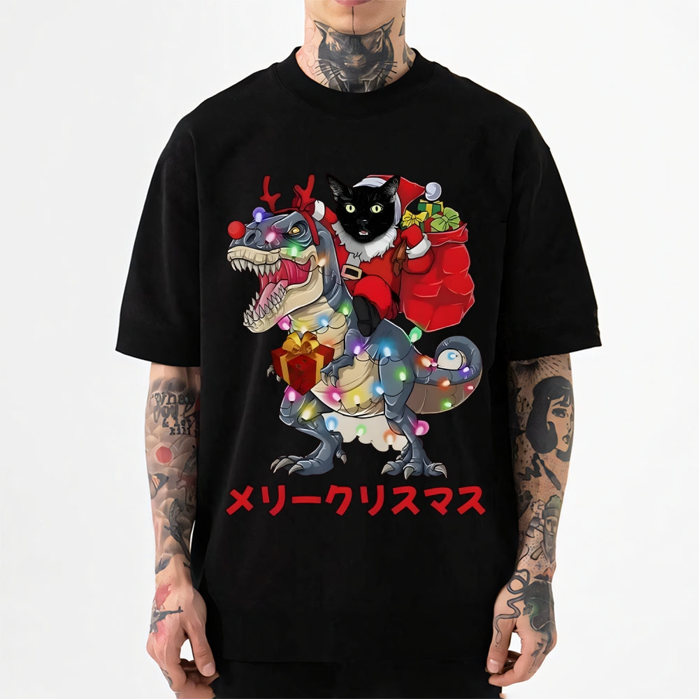 Cat Riding a Dinosaur Christmas Japanese Style Classic Tee
