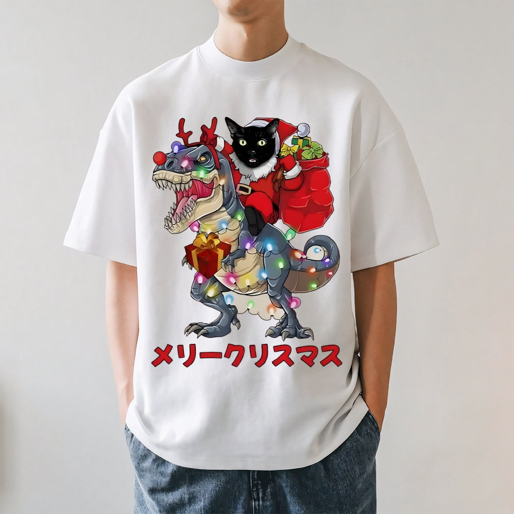 Cat Riding a Dinosaur Christmas Japanese Style Classic Tee
