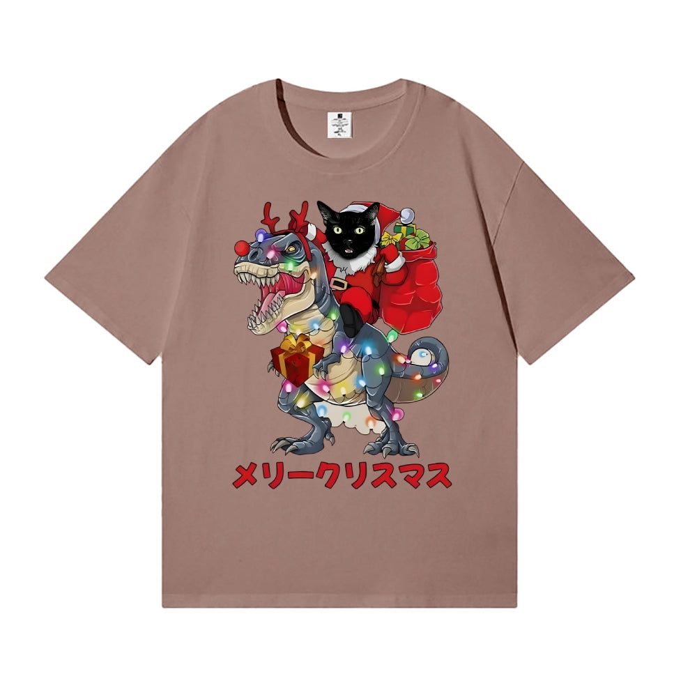 Cat Riding a Dinosaur Christmas Japanese Style Classic Tee
