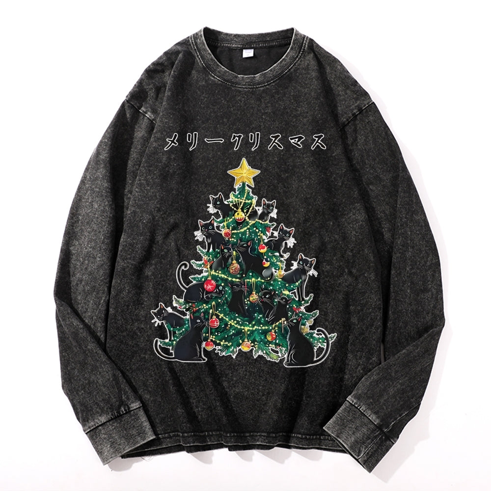 Christmas Tree Full Of Cats Vintage Cotton Wash Crewneck Long-Sleeve T-Shirt