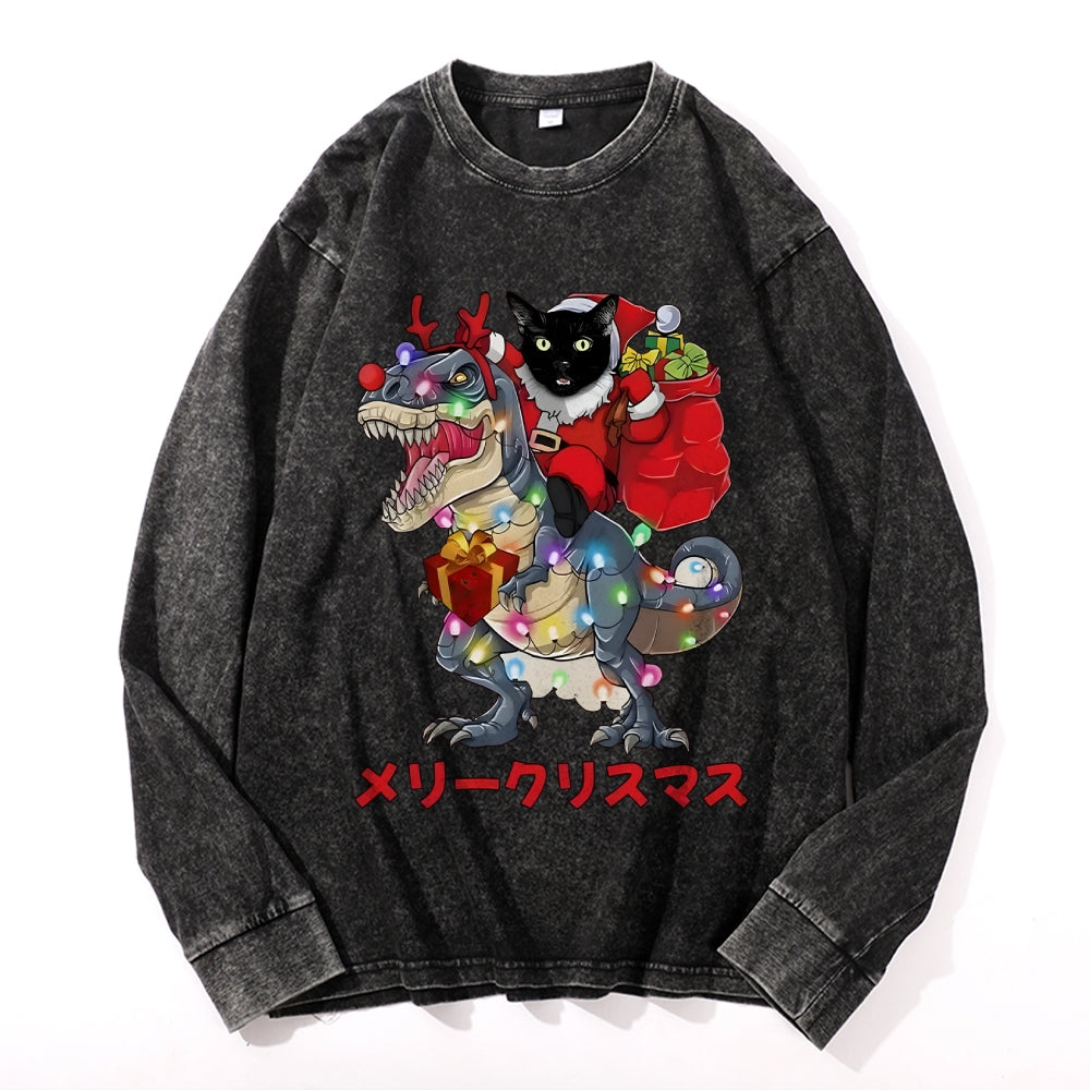 Cat Riding a Dinosaur Christmas Vintage Cotton Wash Crewneck Long-Sleeve T-Shirt