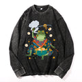 Frog Samurai Eat Ramen Vintage Cotton Wash Crewneck Long-Sleeve T-Shirt