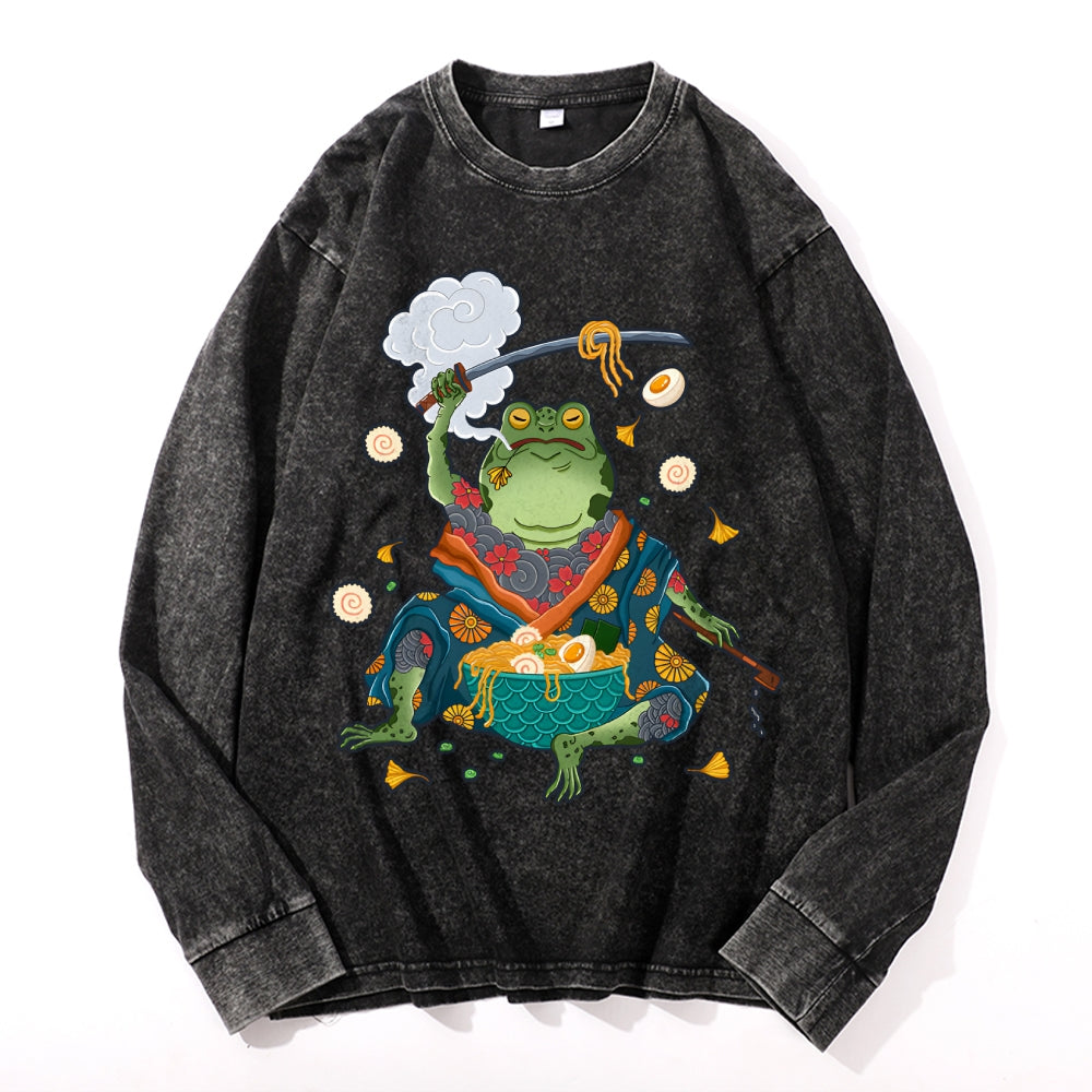 Frog Samurai Eat Ramen Vintage Cotton Wash Crewneck Long-Sleeve T-Shirt