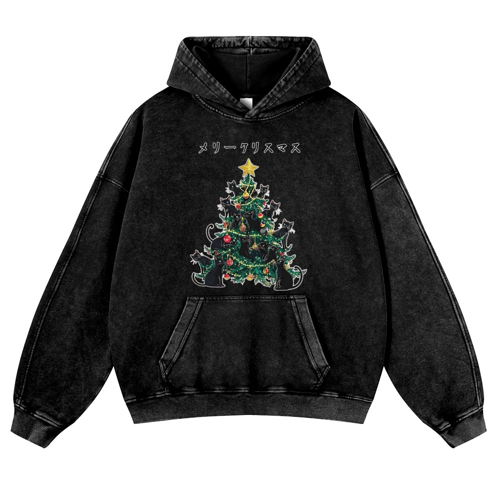 Christmas Tree Full Of Cats Vintage Washed Thick Cotton Hoodie