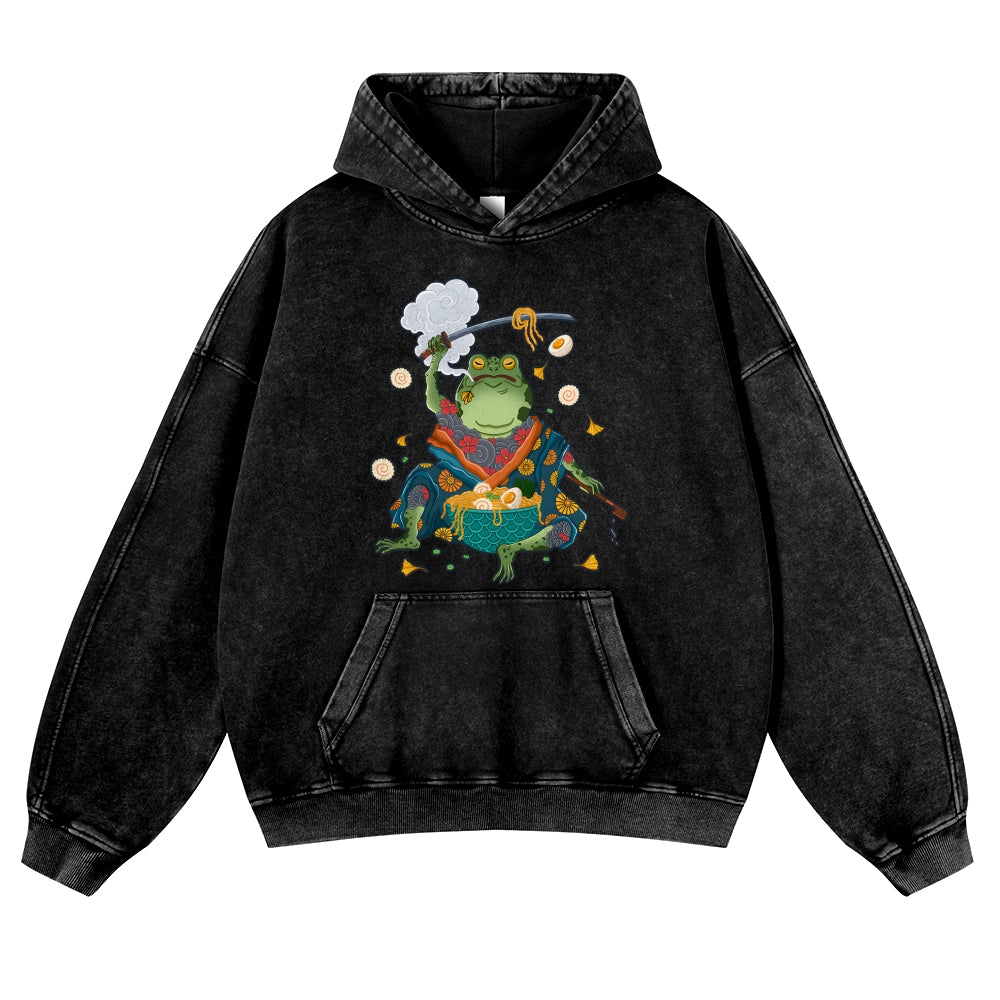 Frog Samurai Eat Ramen Vintage Washed Thick Cotton Hoodie