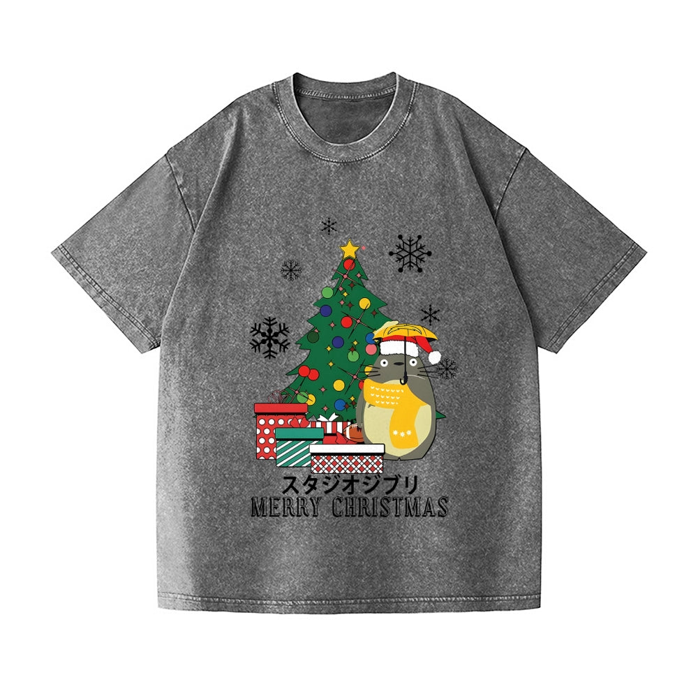 Ghibli Merry Christmas Tree Totoro Vintage Wash Japanese Design T-Shirt