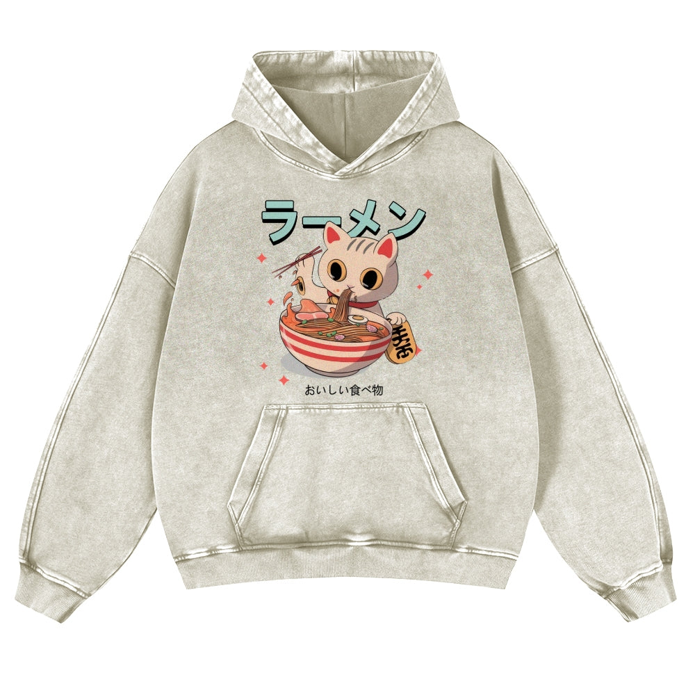 Cat Ramen Vintage Washed Thick Cotton Hoodie