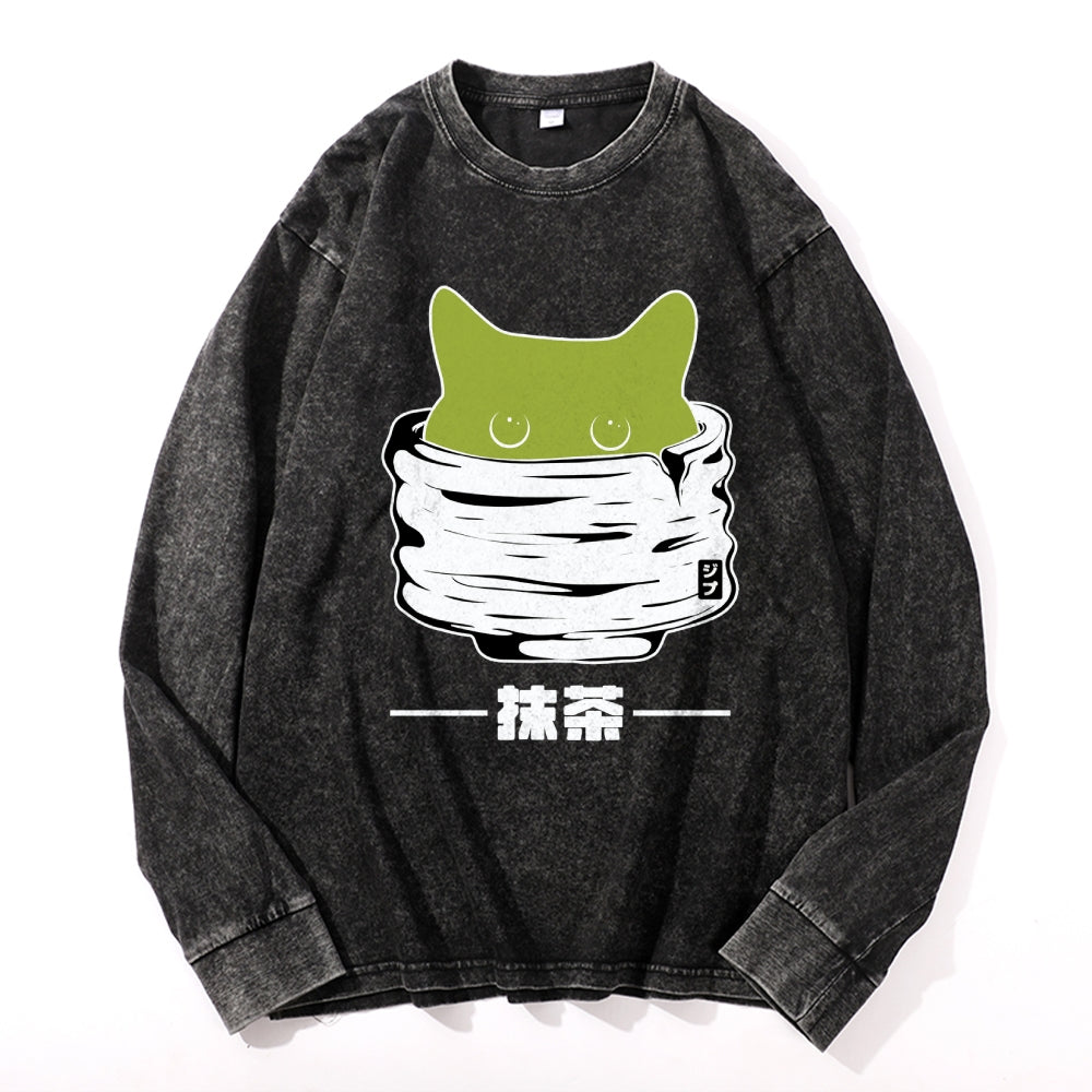 Matcha Cat Vintage Cotton Wash Crewneck Long-Sleeve T-Shirt