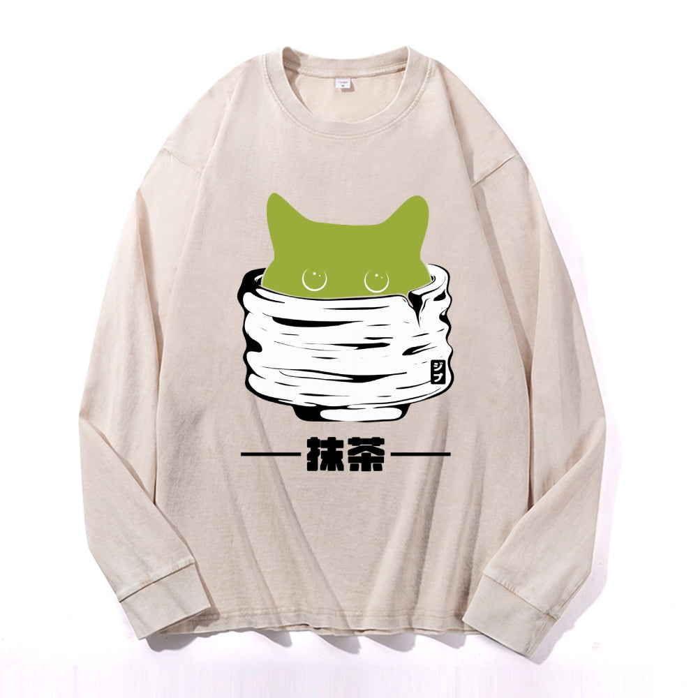 Matcha Cat Vintage Cotton Wash Crewneck Long-Sleeve T-Shirt