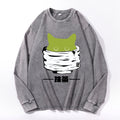 Matcha Cat Vintage Cotton Wash Crewneck Long-Sleeve T-Shirt