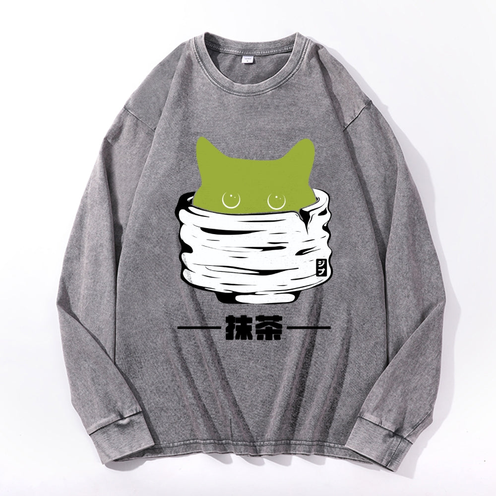 Matcha Cat Vintage Cotton Wash Crewneck Long-Sleeve T-Shirt