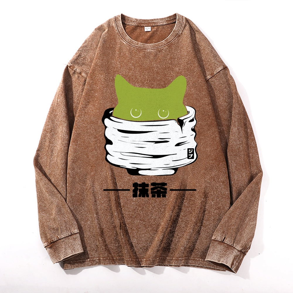 Matcha Cat Vintage Cotton Wash Crewneck Long-Sleeve T-Shirt