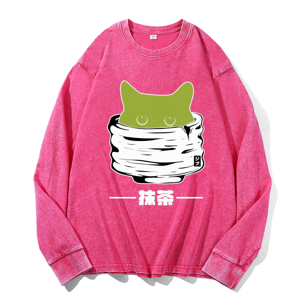 Matcha Cat Vintage Cotton Wash Crewneck Long-Sleeve T-Shirt