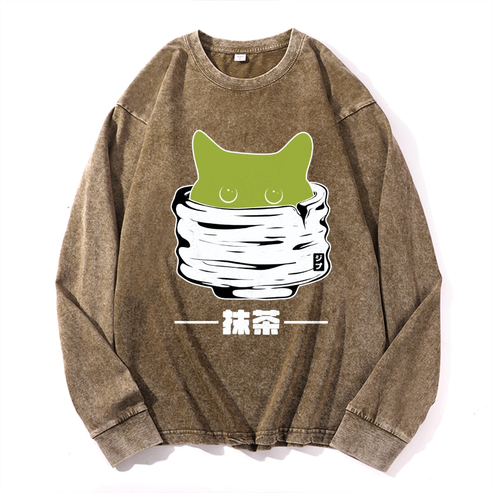 Matcha Cat Vintage Cotton Wash Crewneck Long-Sleeve T-Shirt