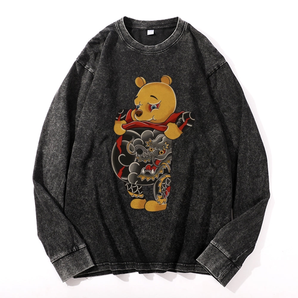 Tattoo Bear Vintage Cotton Wash Crewneck Long-Sleeve T-Shirt