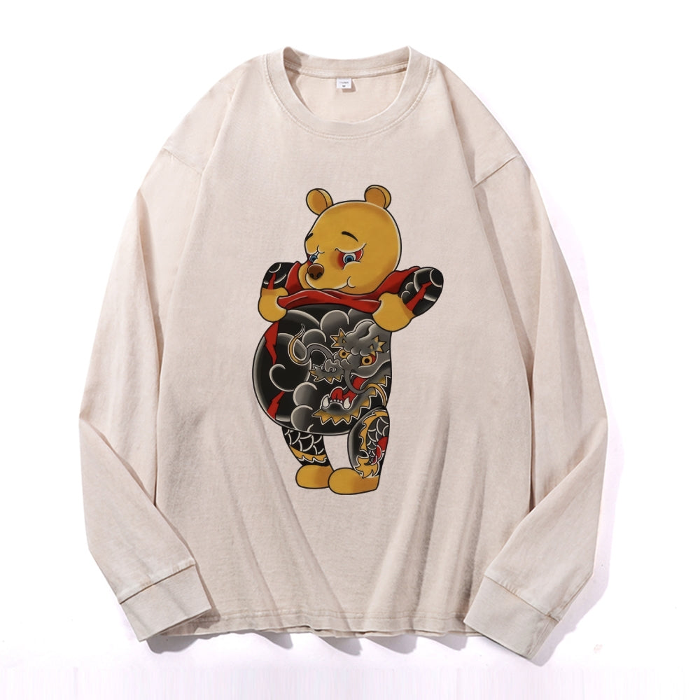 Tattoo Bear Vintage Cotton Wash Crewneck Long-Sleeve T-Shirt