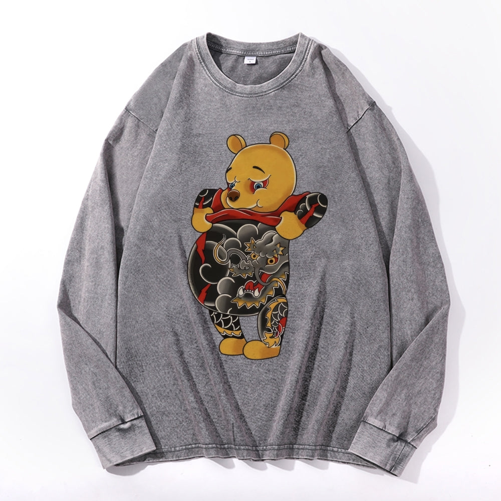 Tattoo Bear Vintage Cotton Wash Crewneck Long-Sleeve T-Shirt
