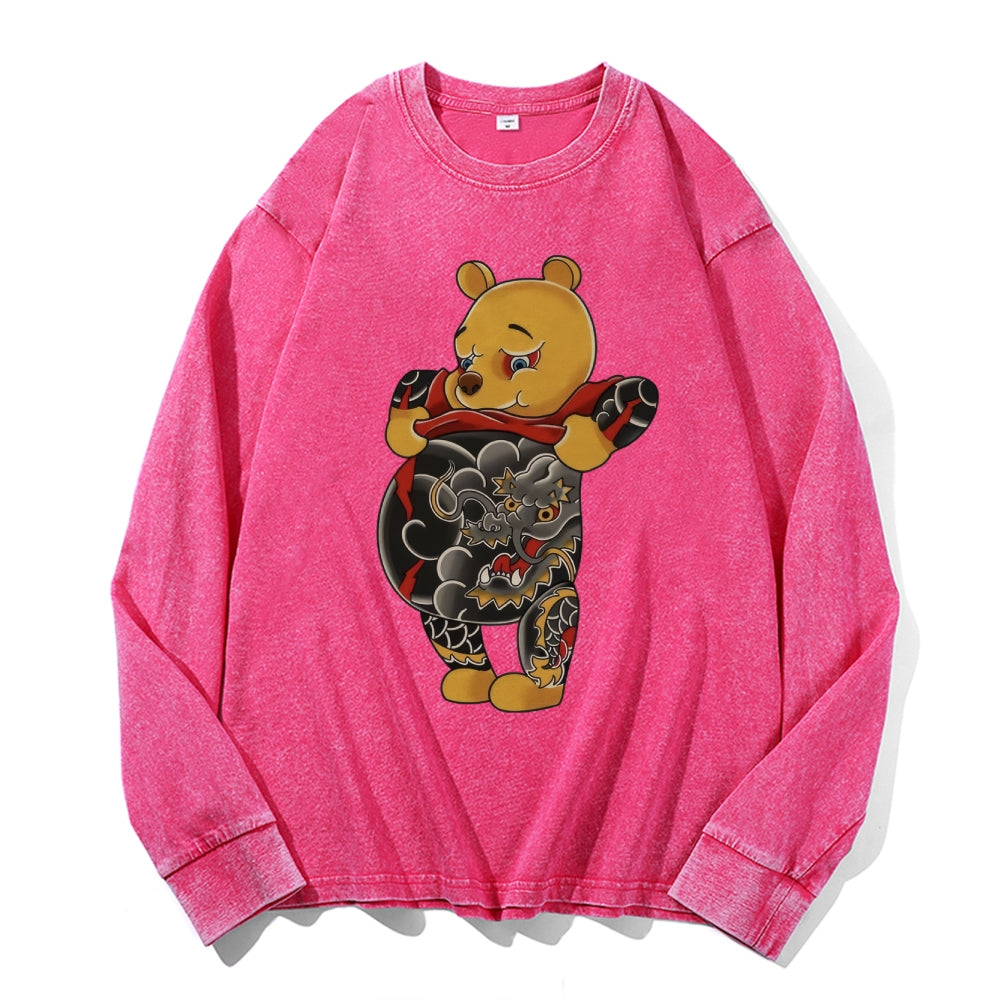 Tattoo Bear Vintage Cotton Wash Crewneck Long-Sleeve T-Shirt