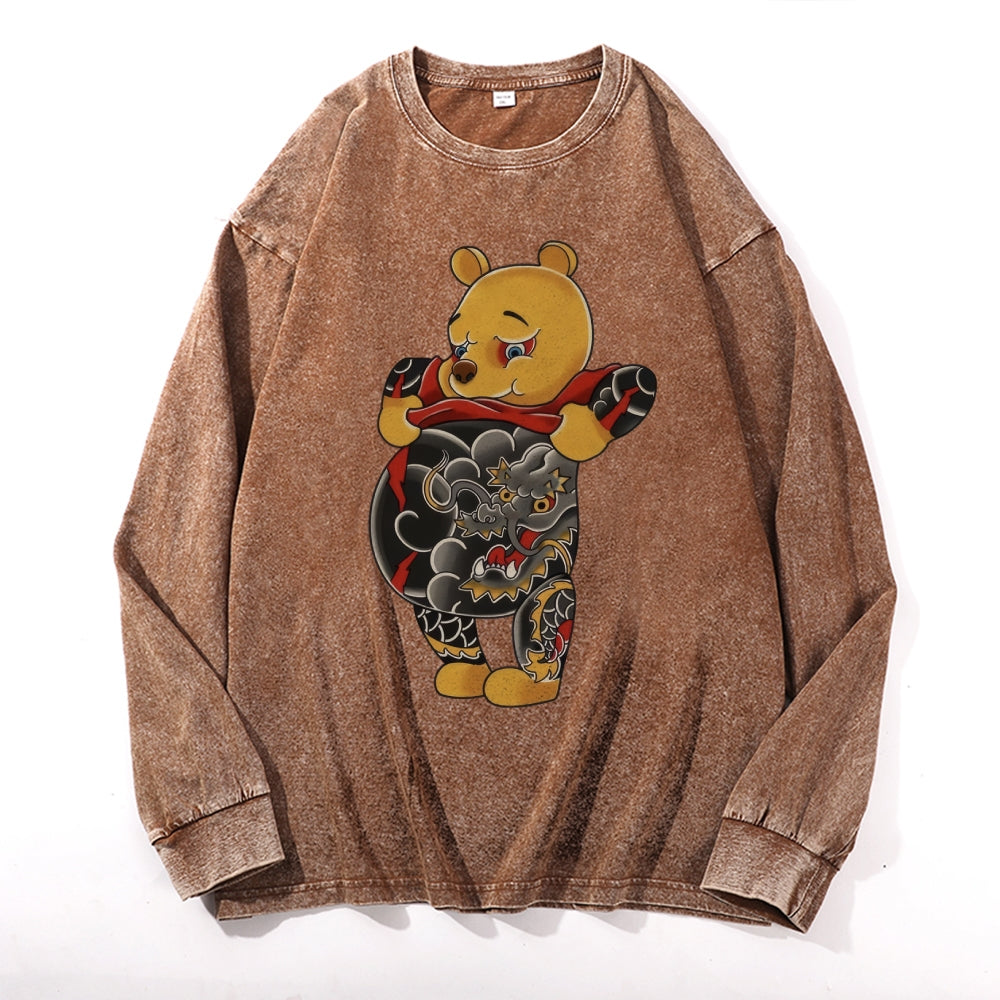 Tattoo Bear Vintage Cotton Wash Crewneck Long-Sleeve T-Shirt