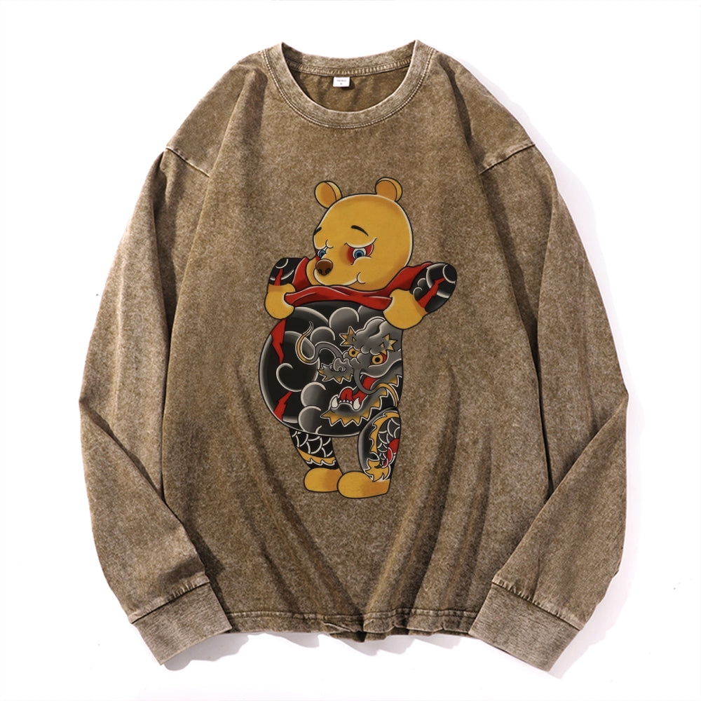 Tattoo Bear Vintage Cotton Wash Crewneck Long-Sleeve T-Shirt