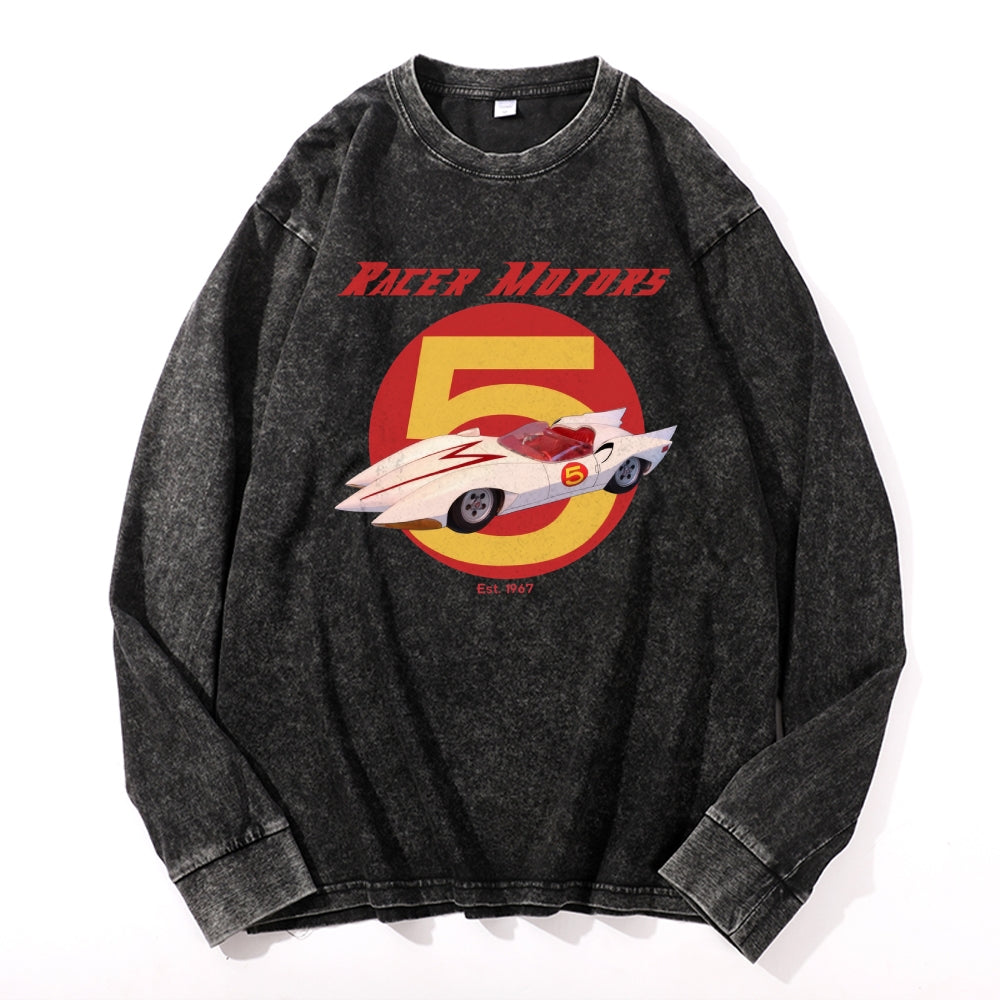 Speed Racing Car Vintage Cotton Wash Crewneck Long-Sleeve T-Shirt