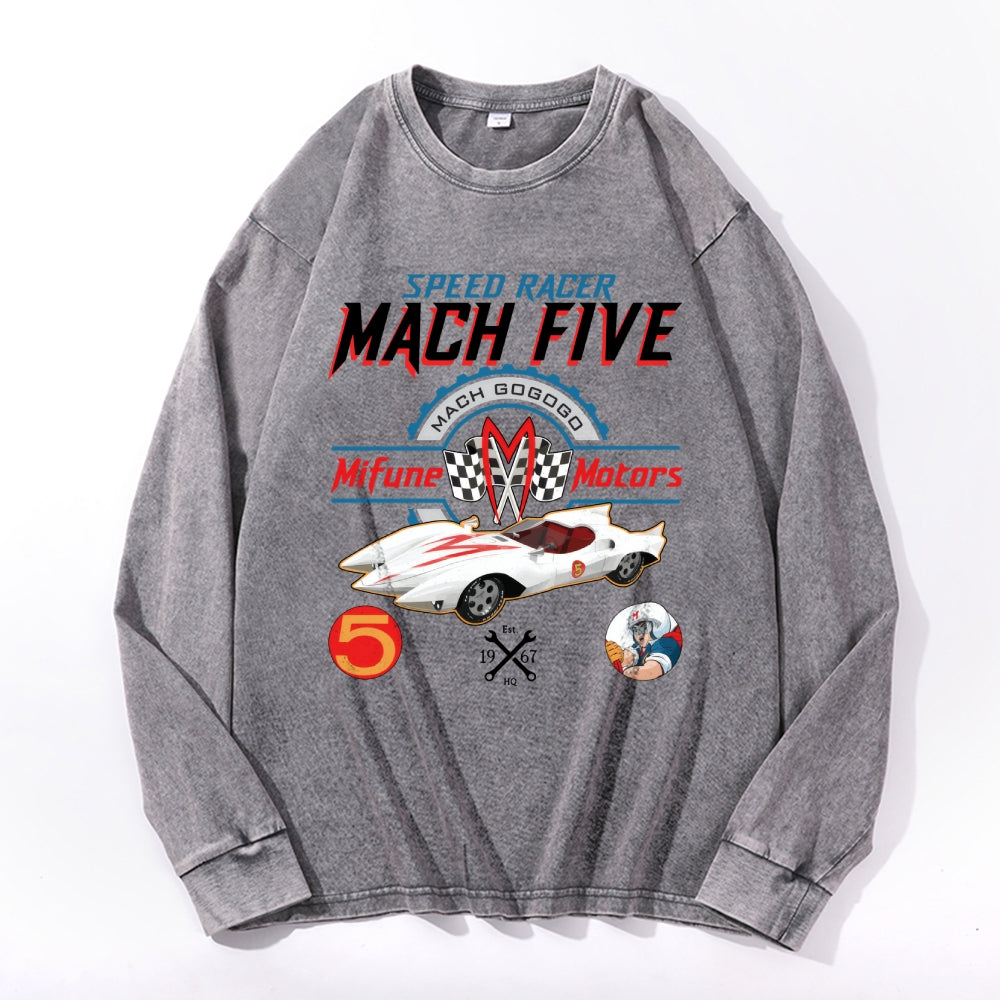 Speed Racing Car Vintage Cotton Wash Crewneck Long-Sleeve T-Shirt
