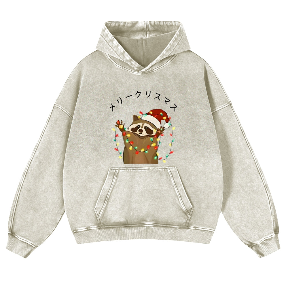 Christmas Raccoon Vintage Washed Thick Cotton Hoodie